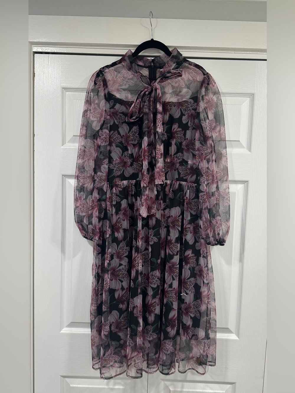 Sheer Long-Sleeve Floral Midi Dress in Pink on Black